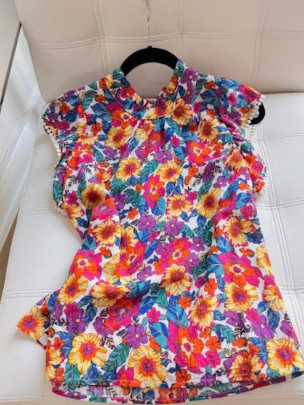 THML Floral Flutter Sleeve Button Back Top with Ruffle Trim, Small